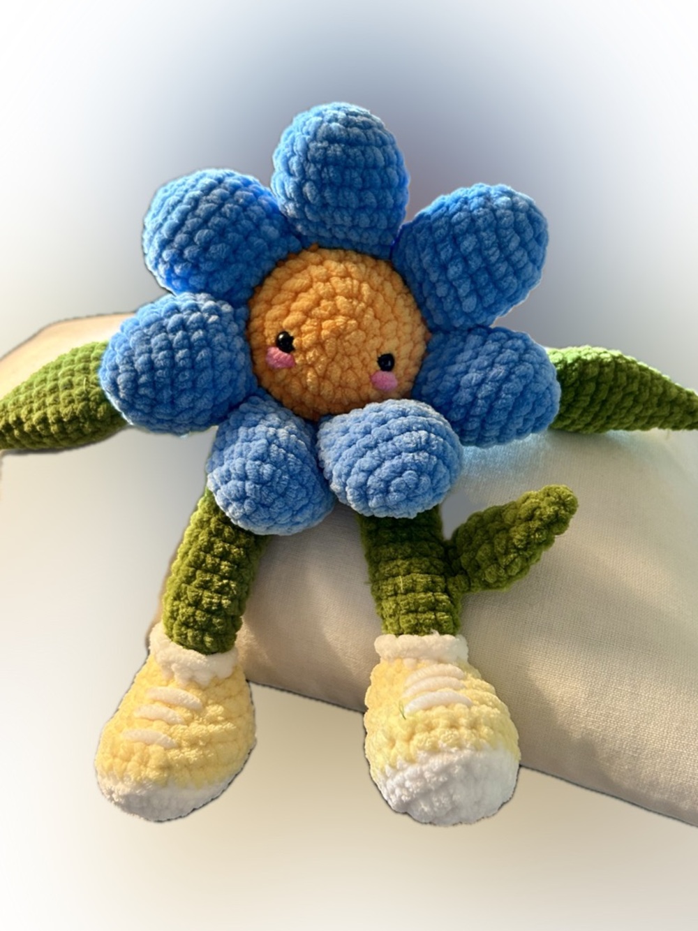 🌼 Blue “Happy Flower” with Gold Face and Yellow Sneakers Hand Crocheted - 11”